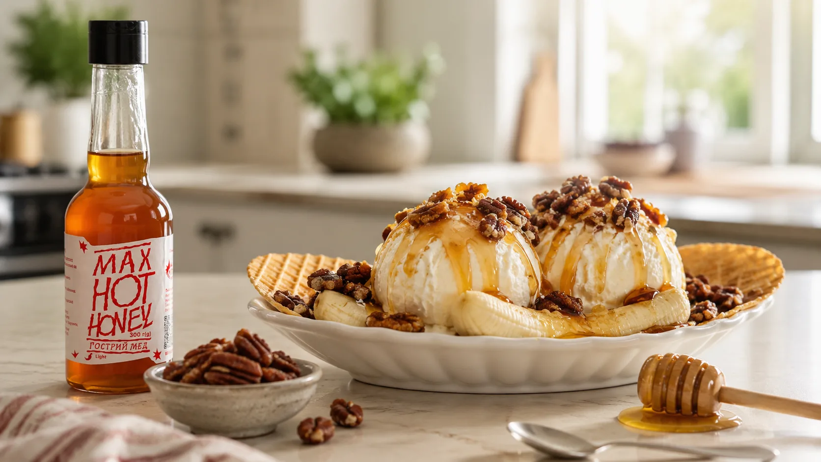 Десерт Hot Honey Sundae с пеканами