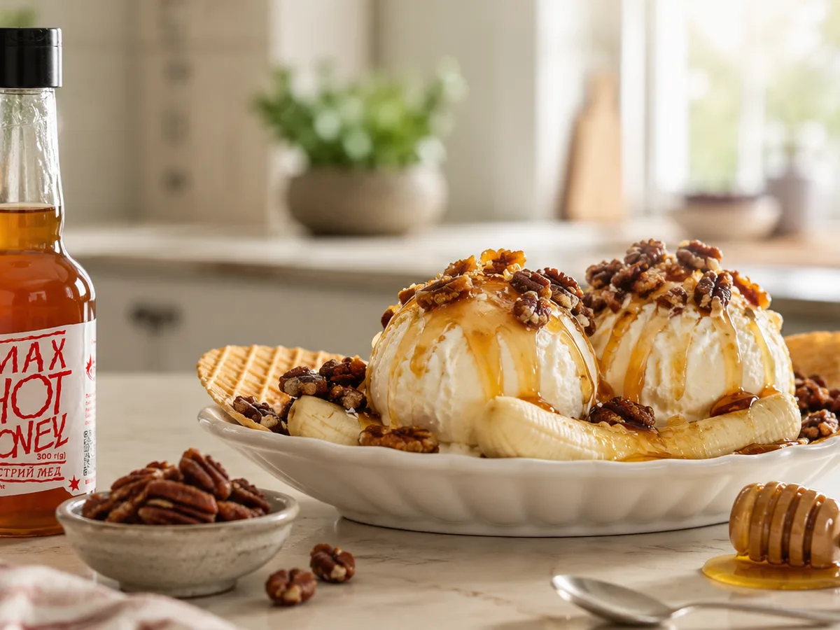 Hot Honey Sundae with Candied Pecans