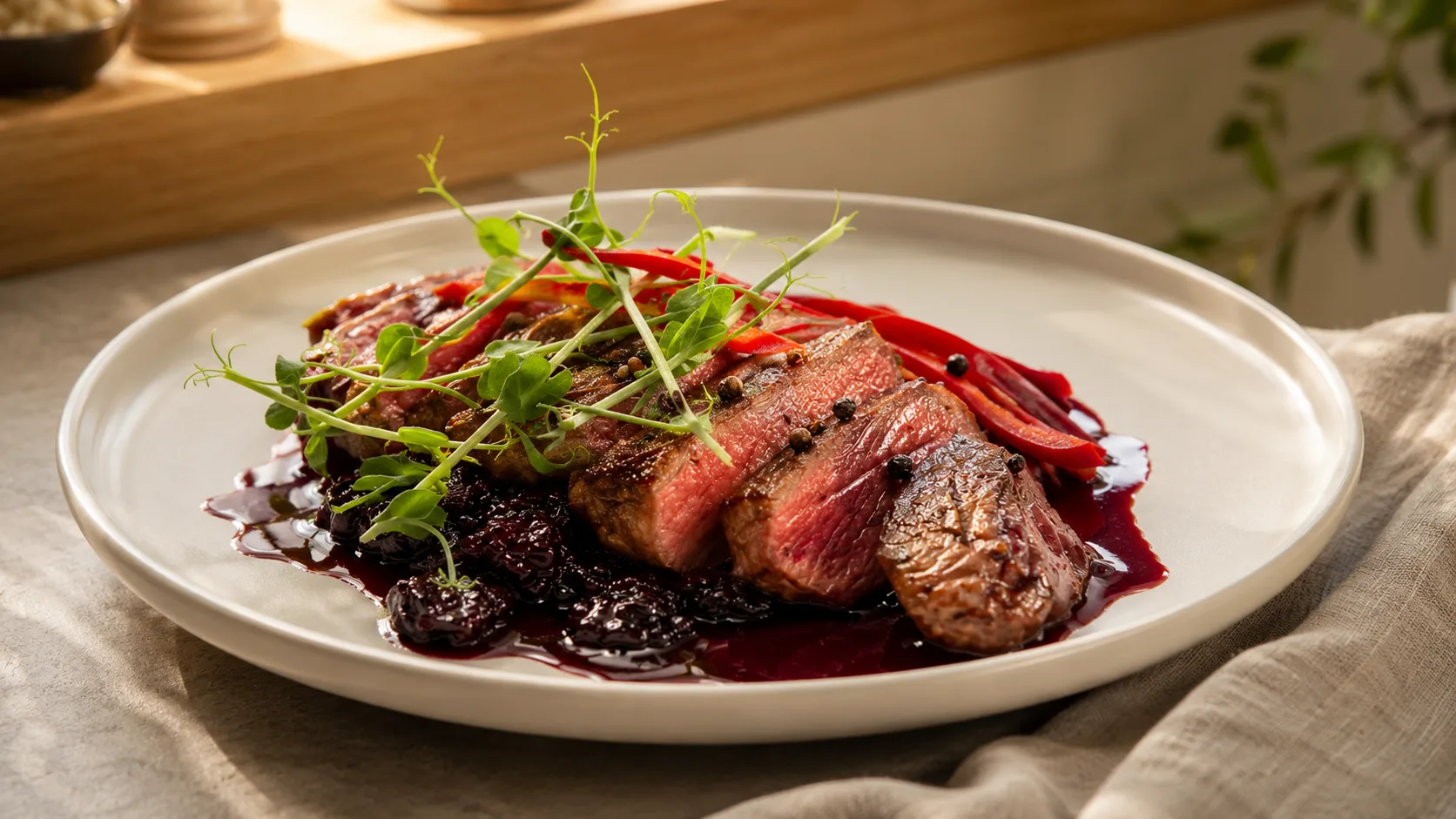 Striploin Steak with Blackberry-Wine Sauce and Spicy Honey