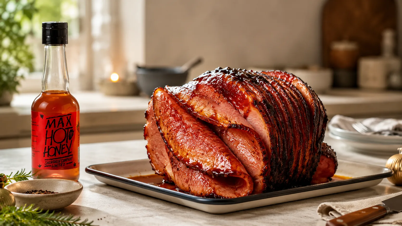 Baked Ham with Spicy Honey and Bourbon Glaze