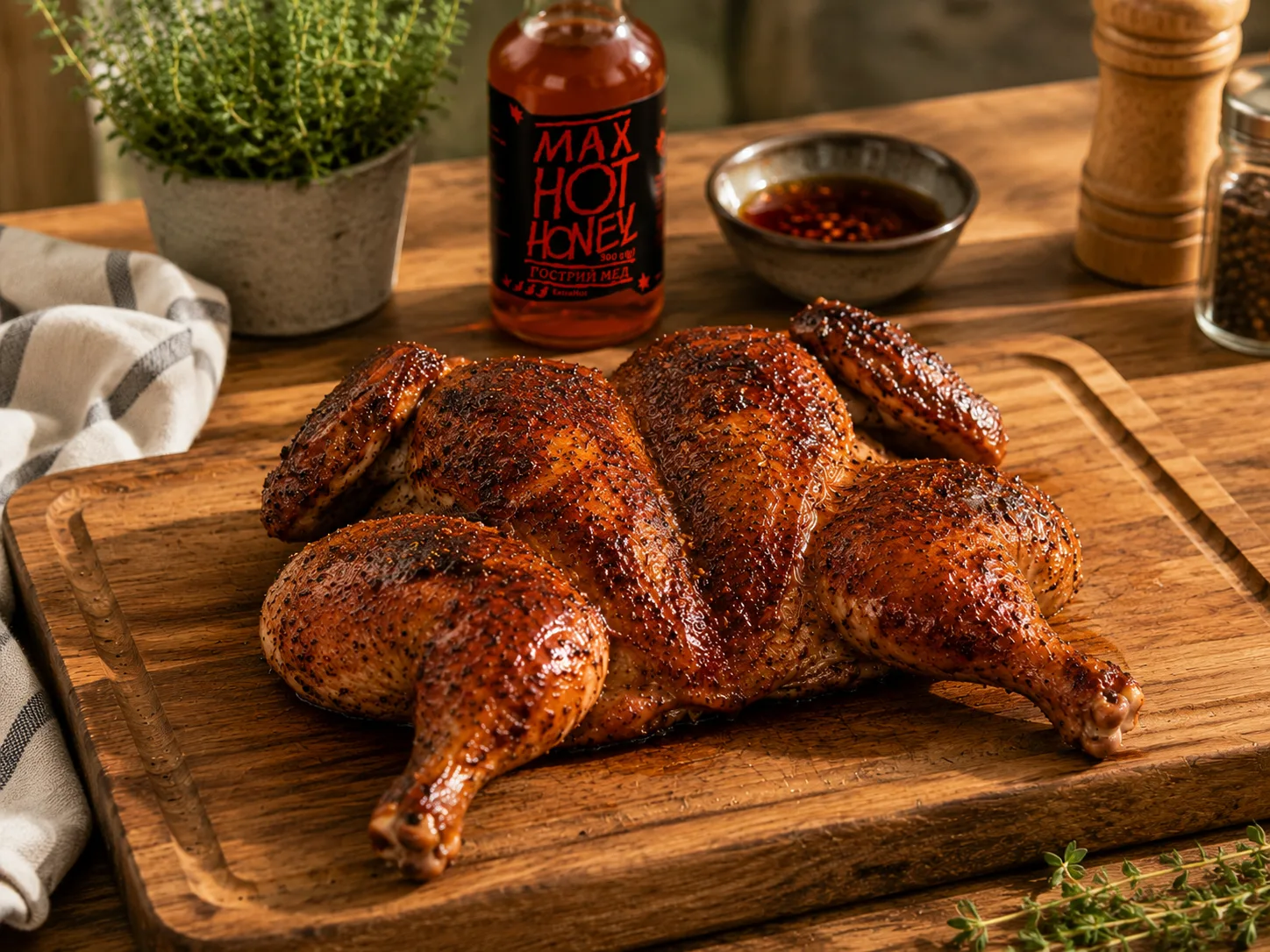 Spatchcock Chicken with Extra Hot Spicy Honey