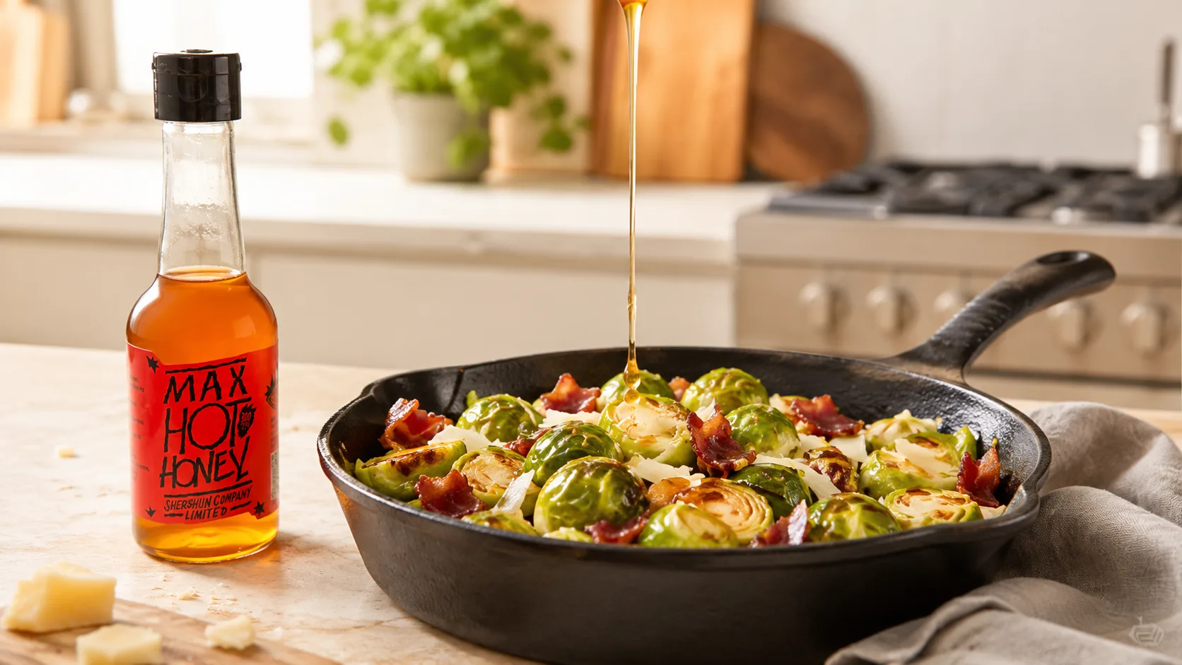 Brussels Sprouts with Bacon, Parmesan and Spicy Honey