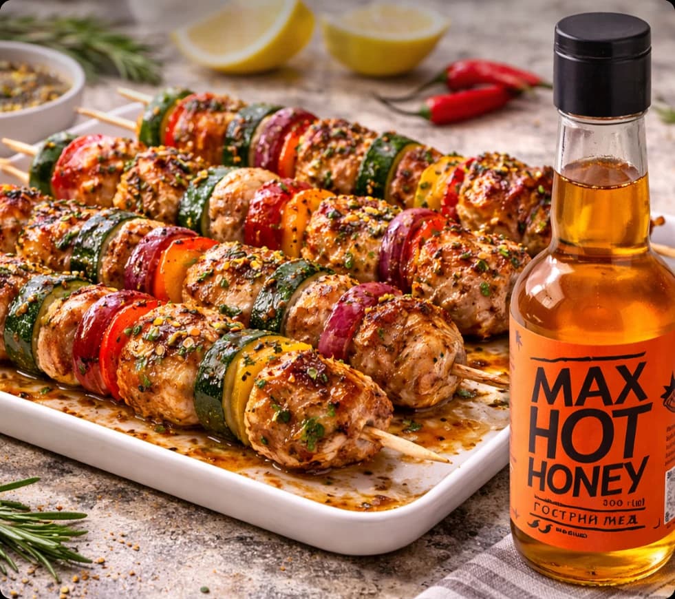 Veggie & Meat Skewers with Spicy Honey